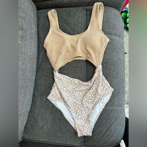 Tan and White Polka Dot Swimsuit